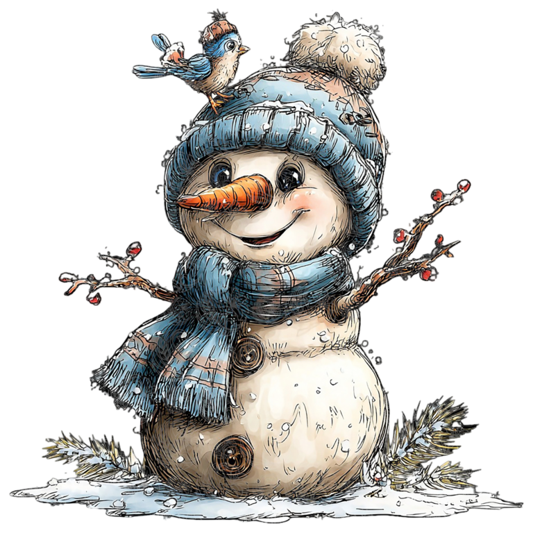 Snowman christmas illustration with blue knit hat scarf berry branches and bluebird Grey Barn Handwerk Saskatchewan